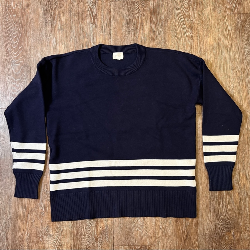 Cyrus Navy & Cream Stripe Crewneck Sweater | Size Large